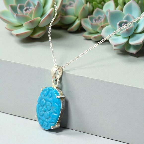 Carved Flower Turquoise Pendant Necklace 925 Sterling Silver 18in Chain Handmade - Picture 2 of 6